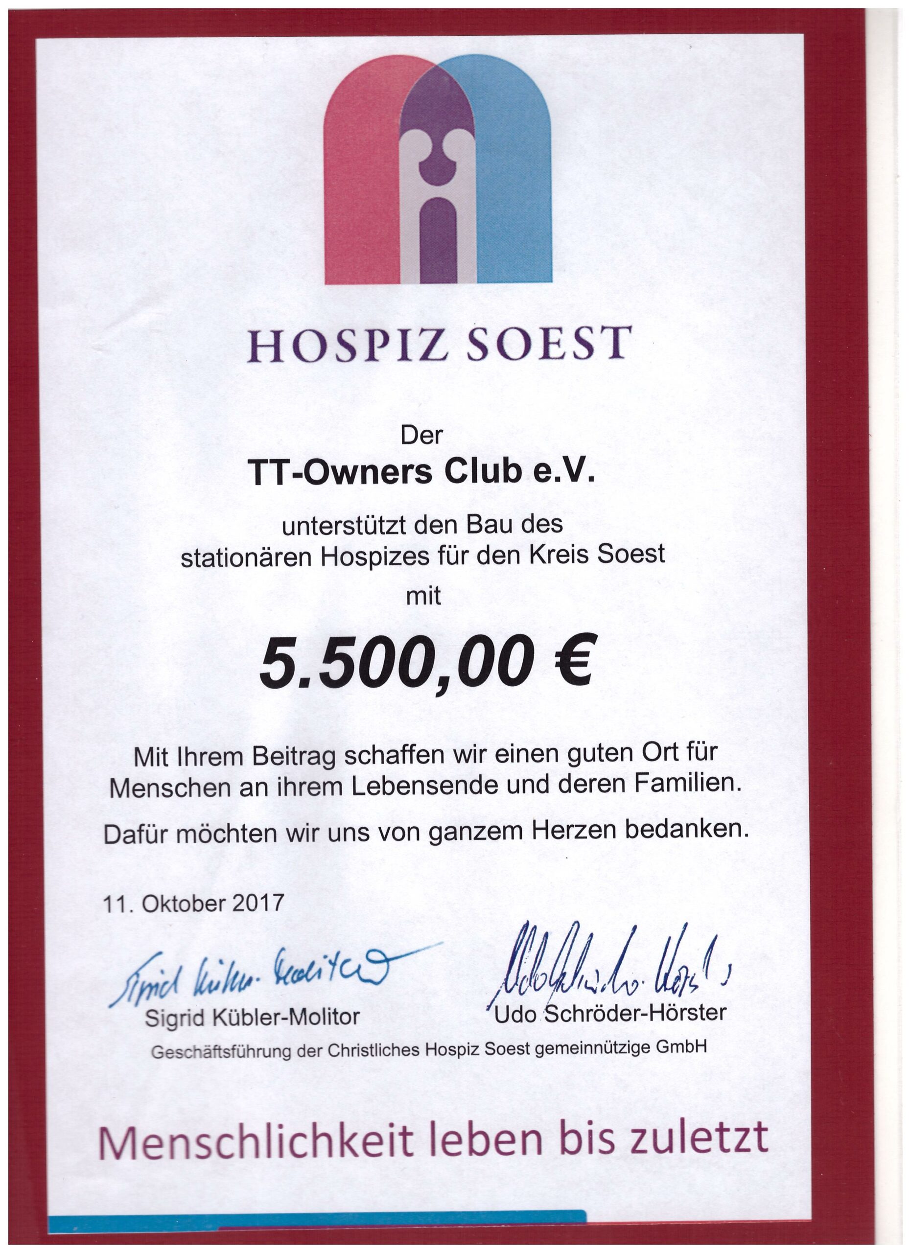 Spendenübergabe für das Hospiz in Soest